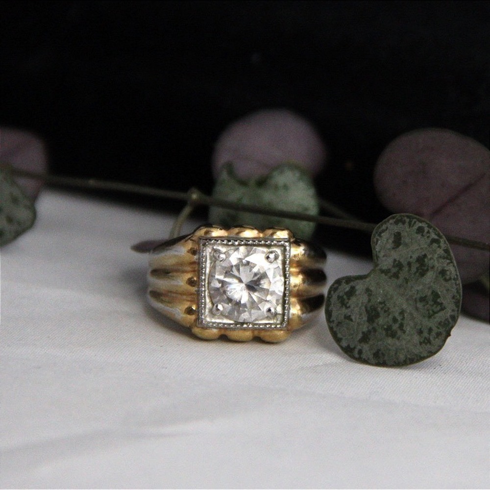 14k Gold Plated Sterling Silver Two Tone Ribbed Band Square Statement Ring Sz 9